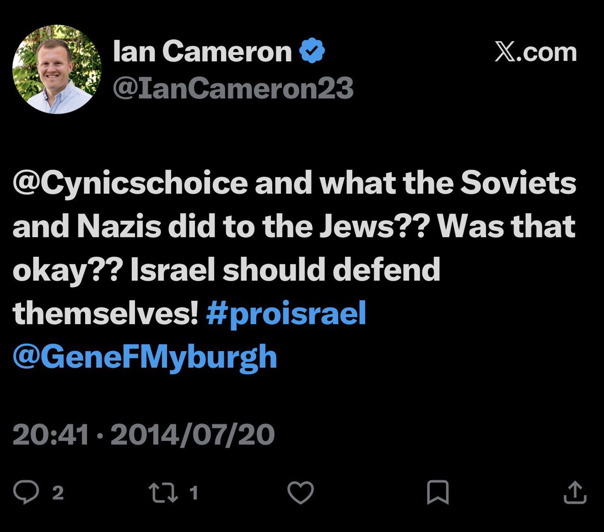 Ayesha_Bagus's tweet photo. @GerhardKempICL @owenpoggenpoel Ian is #proisrael
Which means Ian is #proapartheid and #progenocide

A white party, backing an apartheid state, and still holding power in South Africa, a country built on the promise of never again.

A shame. https://t.co/jxnWHF8wpP