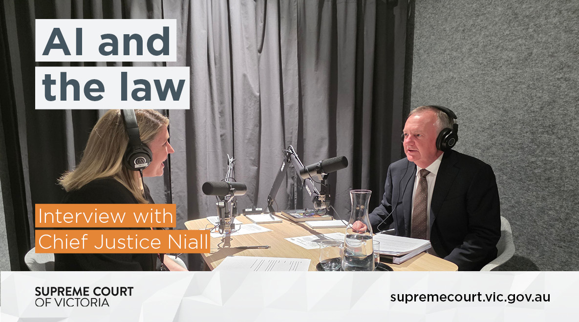 SCVSupremeCourt's tweet photo. Listen to Chief Justice Niall discuss AI and the legal profession on the Law Institute of Victoria's podcast Cross-Examined https://t.co/ODTBu1k96p https://t.co/3Z28Rwq3wV