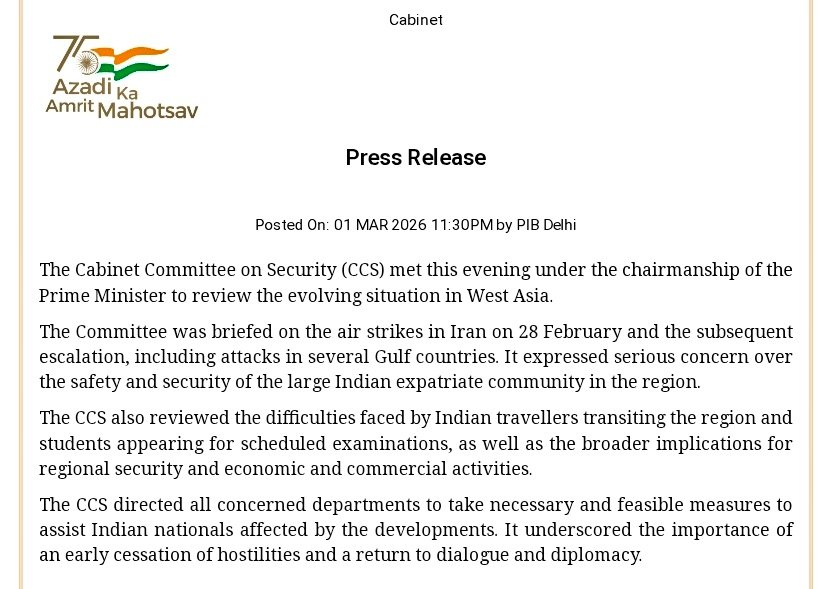 Outcome of Cabinet Committee on Security (CCS) under the Chairmanship of Prime Minister <a href="/narendramodi/">Narendra Modi</a> held on 1st March.
<a href="/PMOIndia/">PMO India</a> <a href="/himantabiswa/">Himanta Biswa Sarma</a> <a href="/CMOfficeAssam/">Chief Minister Assam</a>