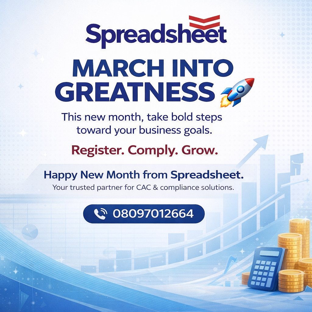 SpreadsheetNG's tweet photo. Happy New Month to you all.🥳🥰

We are matching into greatness.

#SpreadsheetNigeria  #cacregistration #spreadsheetng #March #HappyNewMonth https://t.co/Ls97P4TFcA