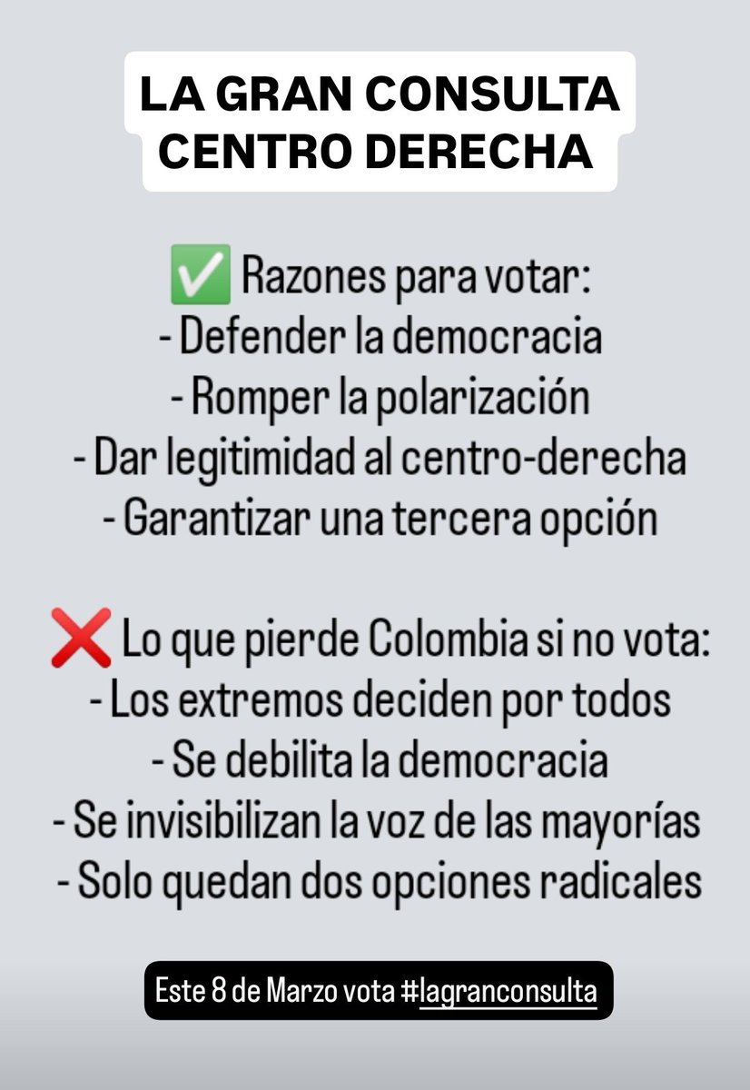 He revisado todos los argumentos de quienes promueven NO VOTAR en la Gran Consulta y no encontré ninguno de peso.  

La abstención no construye futuro. 🇨🇴 #LaGranConsulta