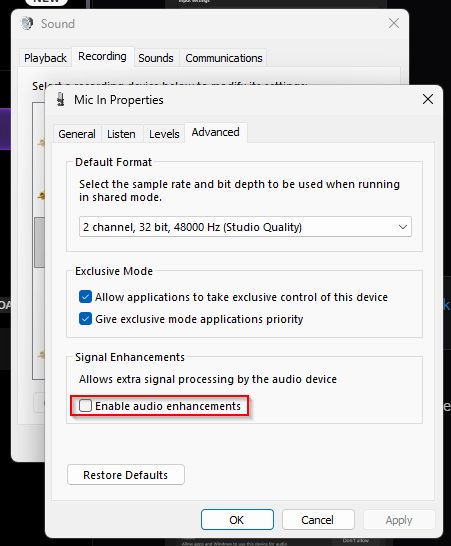 If your mic has been sounding ultra terrible lately, it might not be you — Windows recently enabled audio enhancements on all my microphones.

You might want to turn this off. My last 7 YouTube videos were ruined because Microsoft decided to turn this on without telling me.