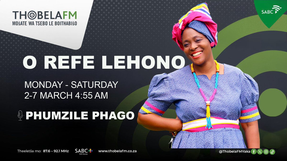 PhumzilePhago's tweet photo. PREACHING ON SABC THOBELA FM THIS WEEK!
Please join us this week from Monday to Saturday at 4:55am and on Sunday at 5:30am on SABC Thobela FM. We will be preaching about the importance of prayer. 

Please Tune in:
📱 SABC Plus App
📻 87.6 - 92.1 FM
📺 DSTV Channel 815

If you missed the sermons or want replays, ask Thobela FM to hook you up! If you don’t win, then check Phumzile Phago’s WhatsApp Channel https://t.co/geiOrF7kBe