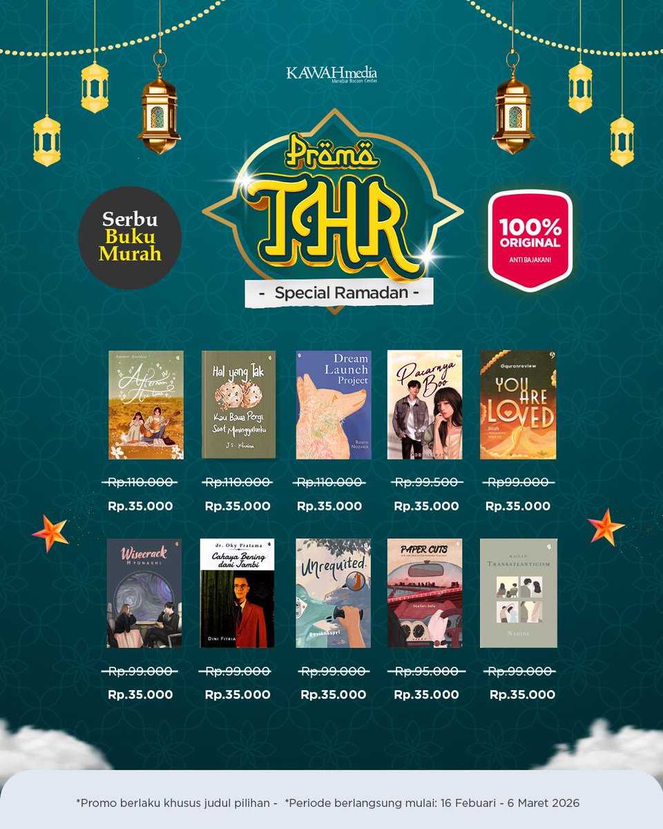 💚 PROMO THR SPESIAL RAMADHAN 💚
🗓 Periode: 16 Februari - 06 Maret 2026

Dapatkan Harga buku Rp.35.000 

Cek Promonya disini >> bukabuku.com/promos/index/p…

@klubbuku <a href="/kawahbookcenter/">Kawah Book Center</a> 

#promoramadhan #buku
