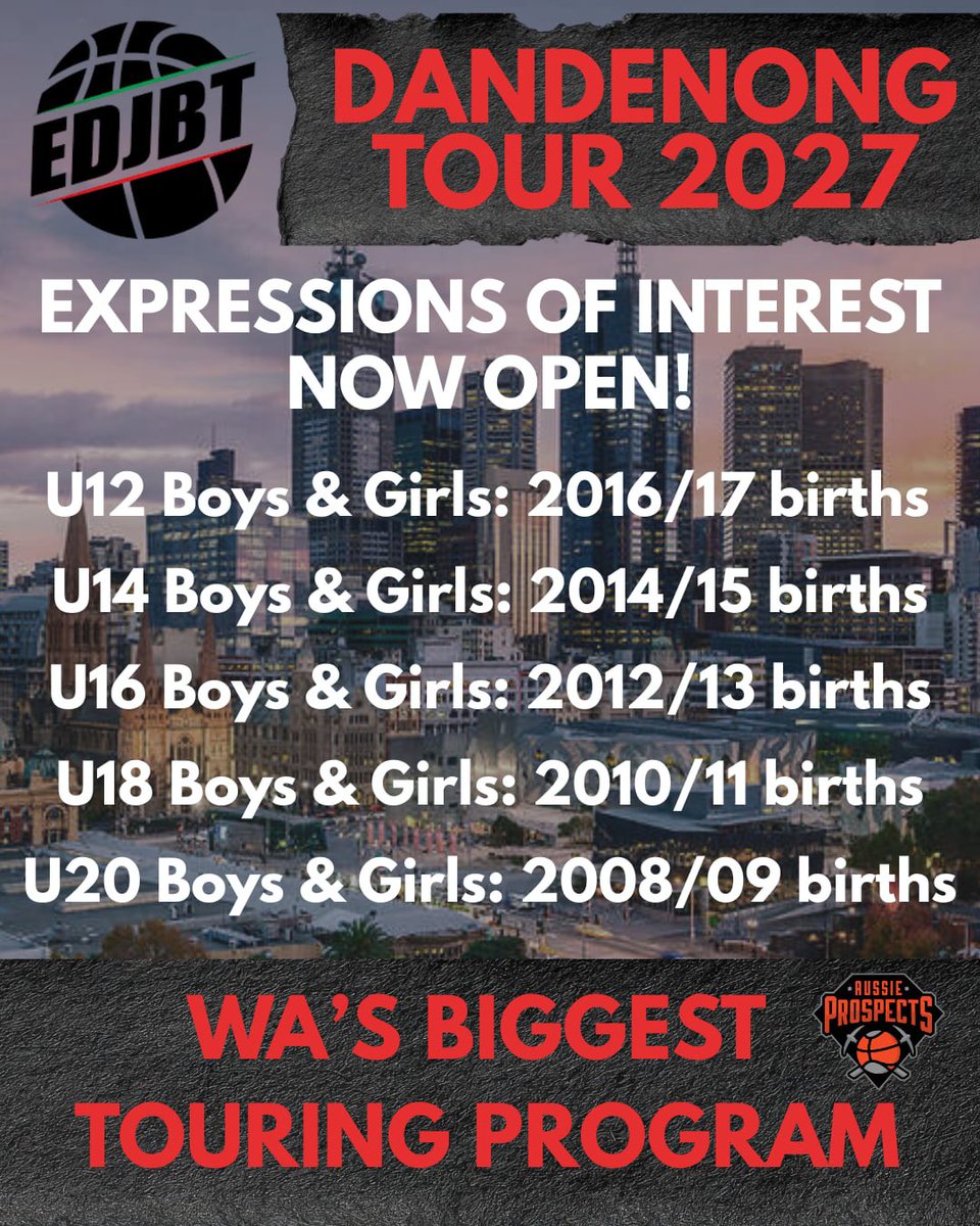 CoachAshMcCorm1's tweet photo. Expressions of Interest for Aussie Prospects 2027 Dandenong Tour Now Open!
This is your opportunity to join WA’s biggest touring program!
Tier 1: AP Elite - Championship Division
Tier 2: AP Select - Division 2 & 3
EOI Link in bio
#aussieprospects https://t.co/6ZIqmThXqY