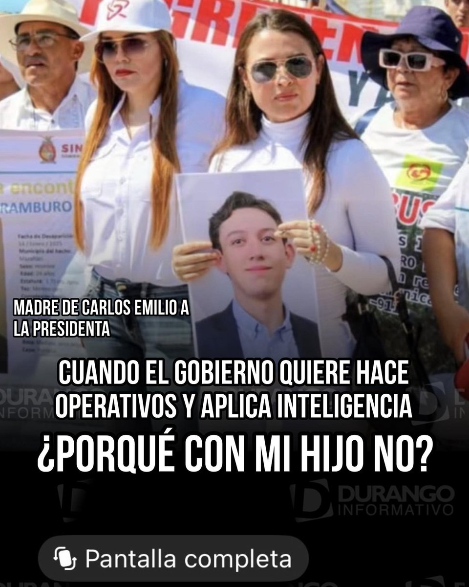 GARCIPAVON's tweet photo. Carta de Brenda Valenzuela Gil, madre de Carlos Emilio, originario de DGO y desaparecido en MZT el pasado 05 de octubre, a la presidenta Claudia Sheinbaum, quien estuvo presente en Sinaloa. El escrito dice lo siguiente. 
Presidenta:
Hoy usted dirige la mañanera desde Sinaloa, un estado donde la violencia no ha terminado y donde la desaparición forzada sigue siendo una herida abierta que no ocupa el lugar central en la agenda pública.
En El Verde se han encontrado fosas. La información ha sido escasa, fragmentada, insuficiente para las familias que vivimos en incertidumbre permanente. Cada hallazgo sin claridad prolonga la angustia y profundiza la desconfianza.
En el caso de mi hijo, Carlos Emilio, estamos por cumplir cinco meses desde su desaparición. Cinco meses. Y no existe una sola pista clara sobre su paradero. Cinco meses de silencio, de espera forzada, de preguntas sin respuesta.
La reciente detención del líder de un cártel en Jalisco dejó claro que cuando el gobierno tiene la intención, puede desplegar operativos de gran escala, estrategias de inteligencia, coordinación institucional y resultados concretos. Entonces la pregunta es inevitable: ¿por qué esa misma capacidad no se activa con la misma contundencia para encontrar a nuestros hijos y familiares desaparecidos? ¿Cuáles son las prioridades de este gobierno?
Manifestarme físicamente en el lugar donde usted se encuentra no es sencillo: es un asunto de seguridad. En el contexto actual, ejercer mi derecho a pedir justicia o solicitar un encuentro implica un riesgo real. Por eso hoy lo hago a distancia.
Por razones de seguridad, mi derecho a exigir respuestas debe ser remoto.
Ojalá nuestros hijos hubieran contado con la seguridad que hoy la resguarda a usted.
Ojalá esa protección institucional hubiera estado disponible cuando ellos la necesitaron.
Y ojalá que, cuando mañana se retire del estado, pudiera dejar a disposición de las madres buscadoras el mismo resguardo que hoy la acompaña. Ellas realizan, con recursos propios y poniendo en riesgo su vida, una labor que no debería recaer en sus manos, sino en la responsabilidad plena del Estado.
No pedimos privilegios. Pedimos verdad.
No pedimos discursos. Pedimos resultados.
Porque mientras usted habla desde un espacio protegido, hay madres que buscan en el monte.
Y hay hijos que siguen sin volver.
Carlos Emilio debe regresar con vida.
Fuente: Durango Informativo.