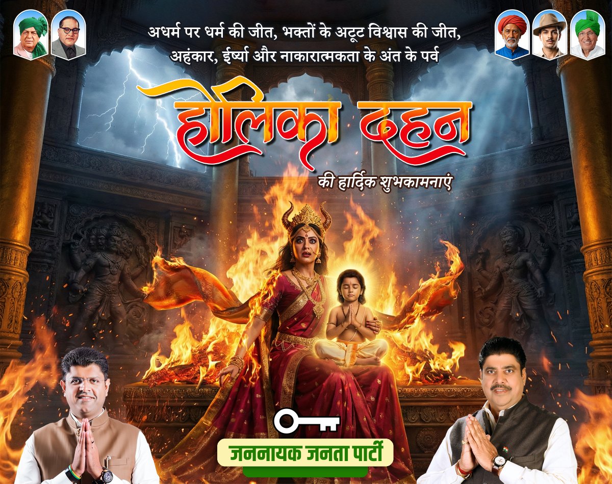 JJPRajasthan's tweet photo. होलिका दहन प्रतीक है इस अटल विश्वास का कि ईश्वर अपने सच्चे भक्तों की रक्षा सदैव करते हैं। जिस प्रकार प्रह्लाद की भक्ति ने अग्नि को भी परास्त कर दिया, भगवान नृसिंह की कृपा आपके और आपके परिवार पर भी बनी रहे।
होलिका दहन की हार्दिक शुभकामनाएं! https://t.co/2PxS9HQ8nZ