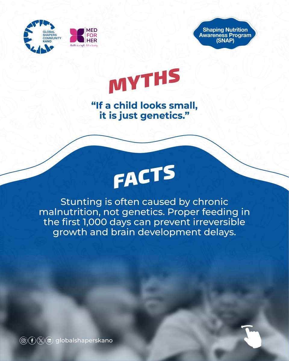 ShapersKano's tweet photo. Myths vs Facts: Infant &amp; Child Nutrition 

Not everything you hear is true!
•Babies need complementary foods from 6 months, not just breastmilk.
•Local foods can be nutritious and affordable, no need for imported products.

#ChildNutrition #SNAP #MedForHer #GSCKano https://t.co/CQLYcC2VCy