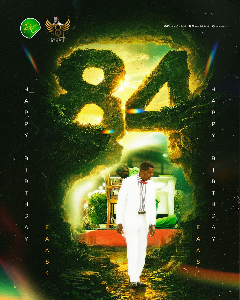 84 years of impact. 84 years of humility. 84 years of leading souls to Christ. 

Today we celebrate a life that is a living testimony of God’s faithfulness. 

Happy Birthday, Pastor E.A. Adeboye. Your life remains a blueprint of devotion for us all.

#Reach4Christ #ShineTheLight