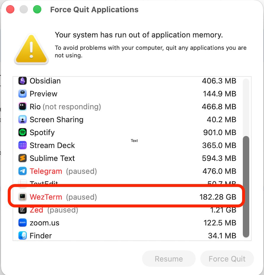 Force quit memory warning