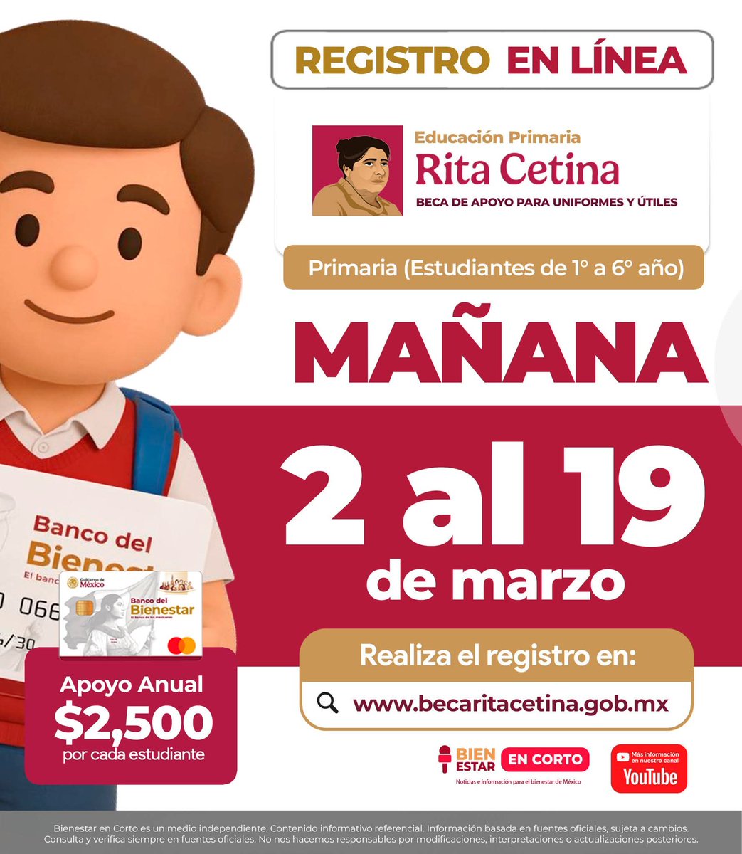 Morena_Durango_'s tweet photo. 📚✨ ¡ATENCIÓN MAMÁS Y PAPÁS, PLANTELES DE PRIMARIA!⏰📚 MAÑANA, del 2 al 19 de marzo inicia el registro en línea para la Beca Rita Cetina – Educación Primaria 🎒✨

💰 ¿Cuál es el monto del apoyo?
Recibirás $2,500 pesos anuales por cada hija o hijo inscrito en primaria pública.
Aplica para todos los grados de 1° a 6° año.

📝 ¿Qué documentos necesitas?

👩‍👦 Madre, padre, tutora o tutor:
• Identificación oficial
• CURP
• Comprobante de domicilio
• Número de celular
• Correo electrónico

🎒 Estudiante:
• CURP
• Clave de Centro de Trabajo (CCT) de la escuela primaria

📝 El trámite es totalmente gratuito y se realiza únicamente en el portal oficial:
🌐 https://t.co/MLKnX7z2tf

#BecaRitaCetina #EducaciónPrimaria #ApoyoEscolar #Bienestar #RegistroEnLínea