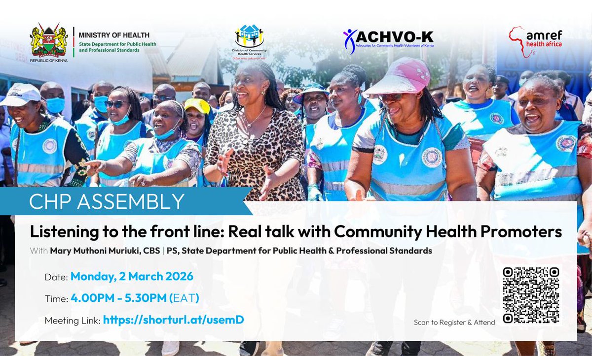 Amref_Kenya's tweet image. Webinar Alert 🚨! Community Health Promoters (CHPs) are Kenya’s health heroes, serving #communities and turning #policy into action every day.

Don’t miss “𝐋𝐢𝐬𝐭𝐞𝐧𝐢𝐧𝐠 𝐭𝐨 𝐭𝐡𝐞 𝐅𝐫𝐨𝐧𝐭 𝐋𝐢𝐧𝐞: 𝐑𝐞𝐚𝐥 𝐓𝐚𝐥𝐤 𝐰𝐢𝐭𝐡 𝐂𝐨𝐦𝐦𝐮𝐧𝐢𝐭𝐲 𝐇𝐞𝐚𝐥𝐭𝐡