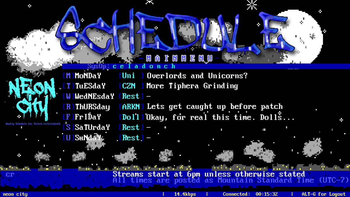 Looks like Unicorn Overlord won.  So here's next weeks Schedule.  Hope to see you there.