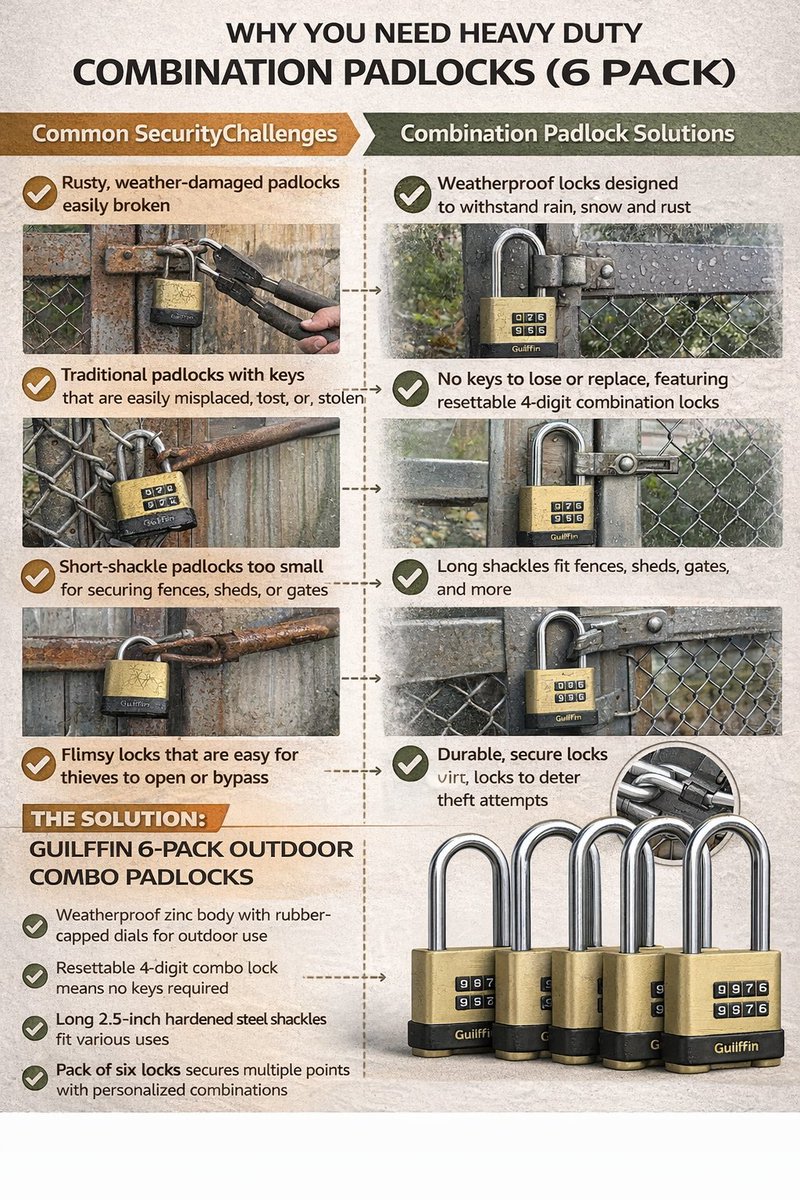 GirlFashion9264's tweet image. Upgrade your fence, gate, shed, or garage security with heavy duty 4-digit combination padlocks built for outdoor use. Weatherproof design. Long shackle fit. No keys to lose.
amzn.to/3OQxGlJ
#HomeSecurity #OutdoorSecurity #Padlock #ShedSecurity #GarageSecurity #Backyard