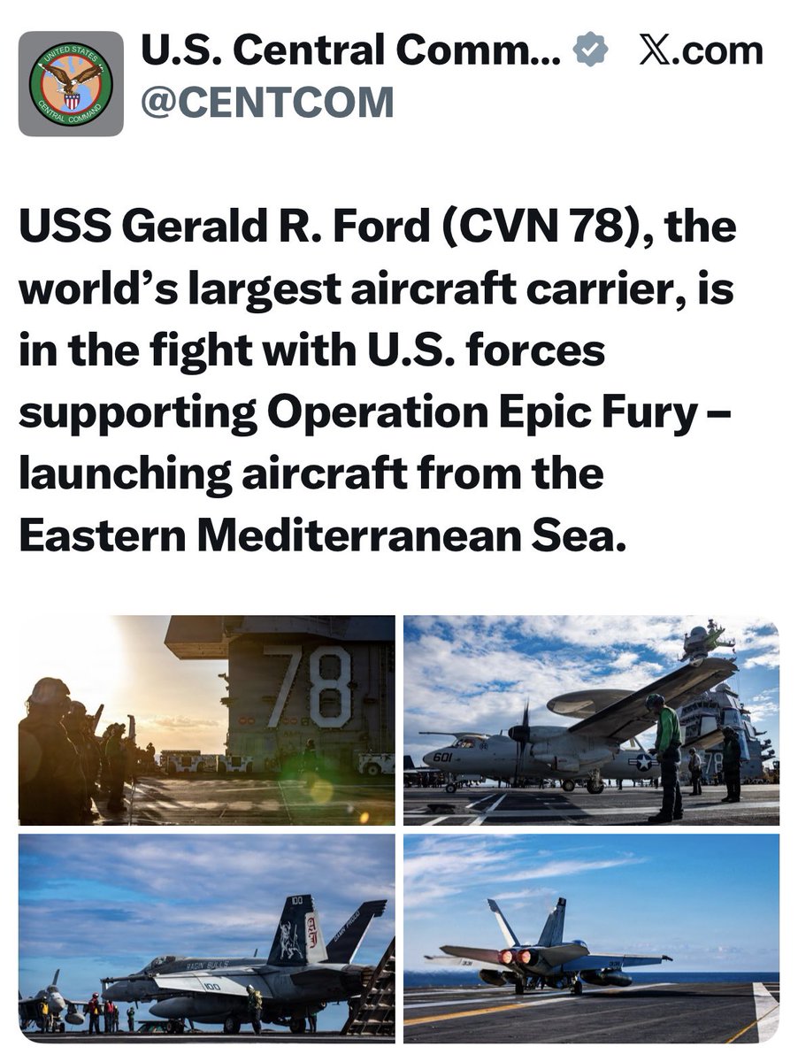 SandeepBol's tweet image. #USS Gerald R. Ford (#CVN 78), the world’s largest #aircraft #carrier, supporting #OperationEpicFury – launching aircraft from the Eastern #Mediterranean #Sea.
@CENTCOM 

#IranWar