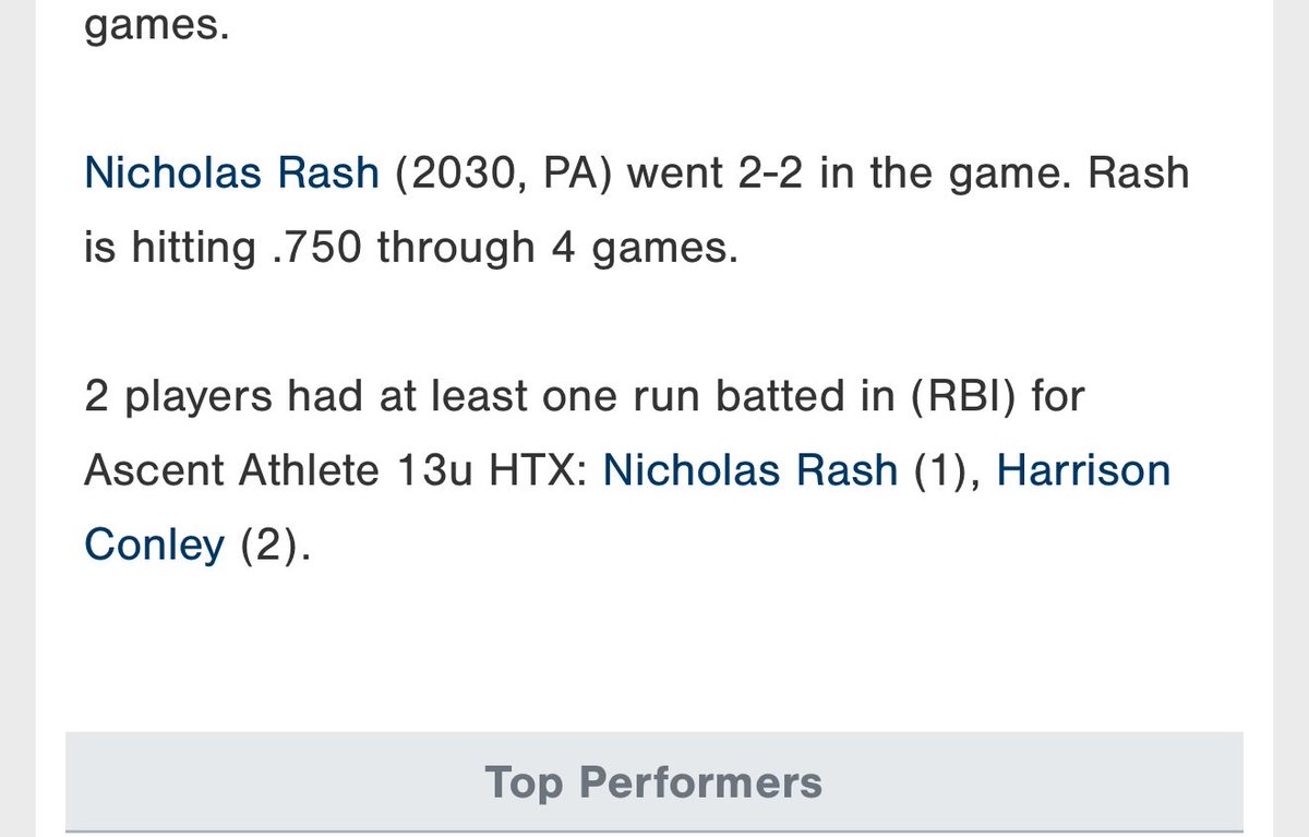 NicholasRash24's tweet photo. Really good weekend at Houston 1000,  played some good competition and placed 14th out of 45 teams. Went 3-4 with 3 singles, 2 walks, and 2 hit by pitches with 3 sb. I batted .750 with a .875 obp and 1.625 ops.

@PAB_Recruiting 
@PGYouthBB 
@Adam_Up_ 

3 videos-singles
Pic-stats https://t.co/ME3VVOceae