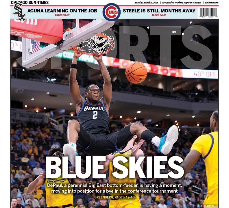 suntimes_sports's tweet photo. The Sun-Times Sports cover, featuring DePaul, which has its most Big East victories in 19 years. The Blue Demons are having a moment, by @SLGreenberg. https://t.co/J18ZFsSqUt