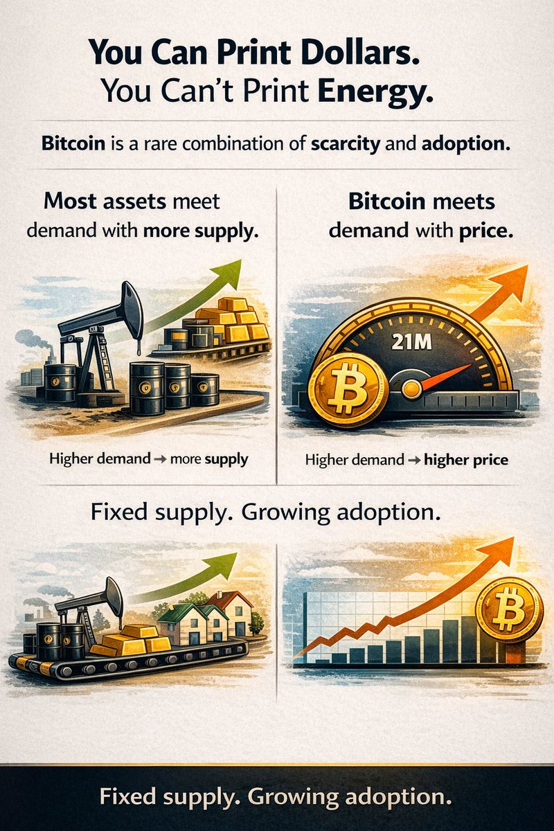 You Can Print Dollars. You Can’t Print Energy.

You can’t print time.
And you can’t arbitrarily expand Bitcoin’s supply.

That’s why Bitcoin is different.

Its price is not driven by scarcity alone.

Scarcity matters.
But scarcity without adoption is just limitation.

What moves