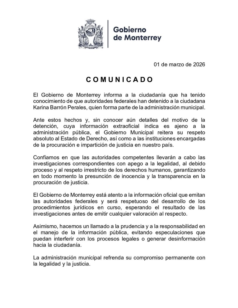 Tras detención de Karina Barron. Gobierno de Monterrey emite comunicado