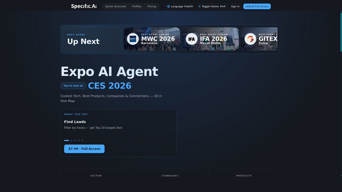 SpecificAiLtd's tweet photo. MWC 2026: AI agents everywhere—but are they finding you business?

SPECIFIC AI: Expo intelligence platform

✅ 3000+ companies analyzed
✅ 10000+ opportunities identified
✅ 11 top tech expos

Day 1 Global →

#AI #MWC2026 #TechExpo https://t.co/dx6yi05IGZ
