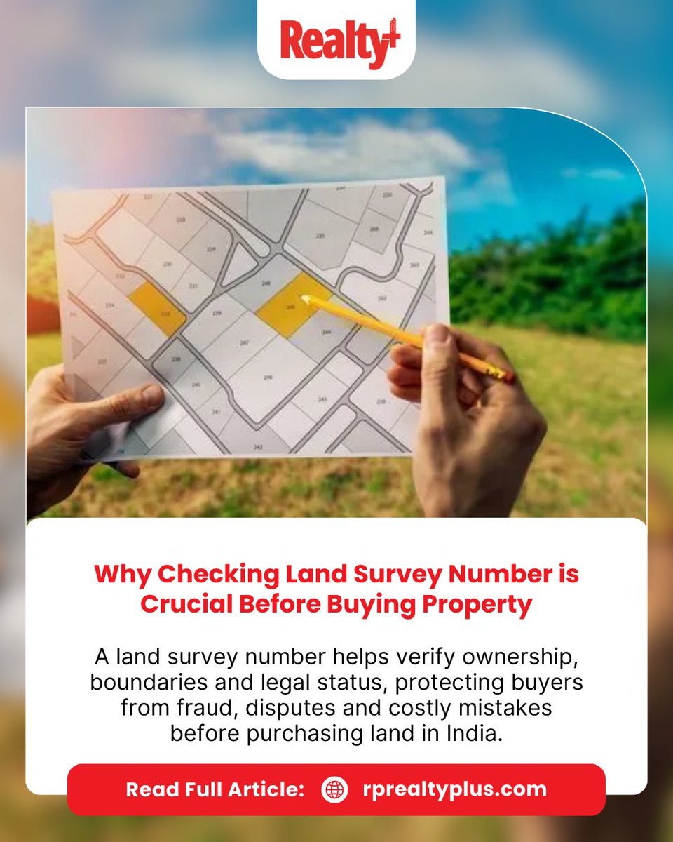 RPRealtyPlus's tweet image. A land survey number is a unique identification assigned to a land parcel and verifying it is one of the most important due diligence steps before purchase.

Read more: rprealtyplus.com/news-views/why…

#PropertyTips #LandRecords #DueDiligence #RealEstateIndia #HomeBuying #LegalAwareness