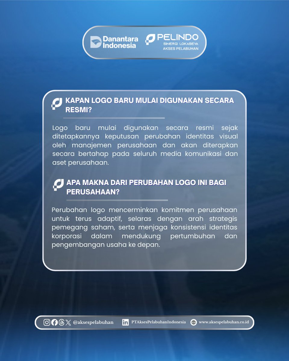 Halo #Portizen

PT Akses Pelabuhan Indonesia ubah logo sebagai bentuk penyesuaian identitas visual seiring Transformasi Identitas Subholding yang sebelumnya PT Pelindo Solusi Logistik kini menjadi PT Pelindo Sinergi Lokaseva.

Perubahan ini menegaskan komitmen kami untuk terus