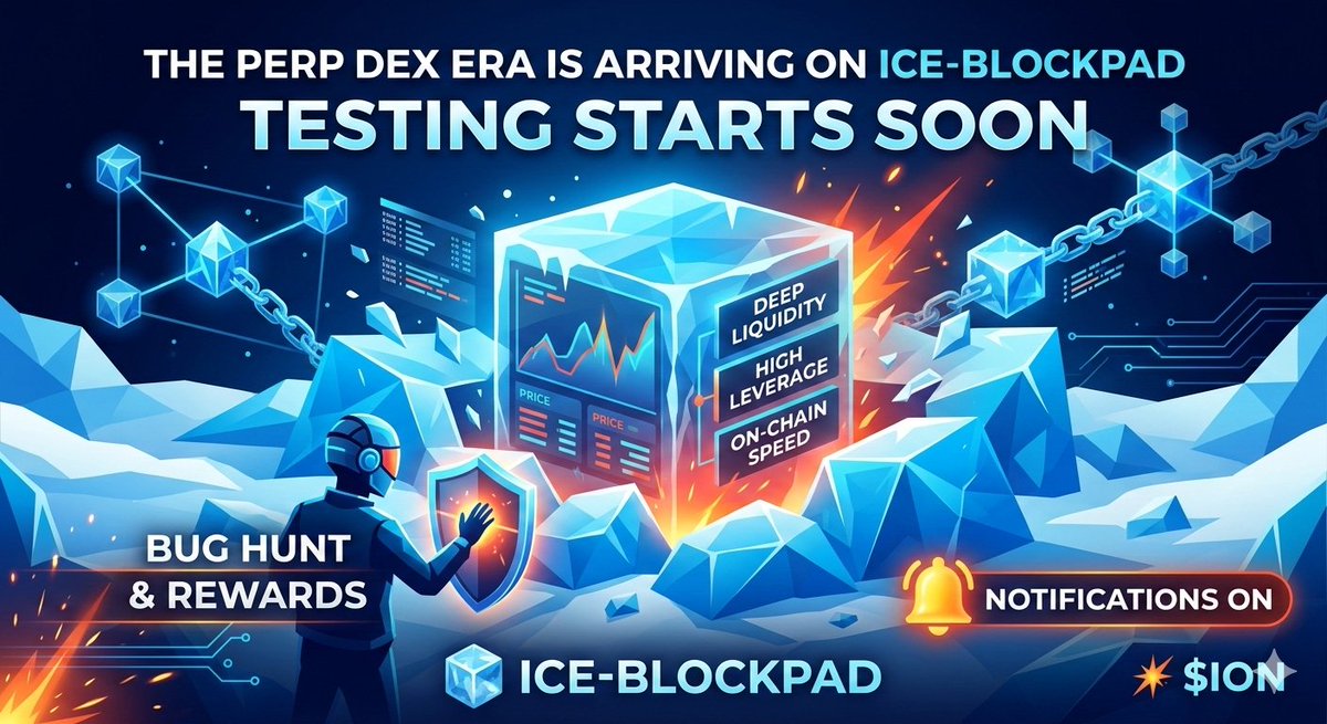 jtbillan001's tweet image. The Perp DEX era on @ice_blockpad is officially arriving! 🧊🔥

Get ready to test the future of decentralized trading. High leverage, deep liquidity, and the speed you’ve been waiting for—all on-chain.
Testing starts soon. 🛡️

#IceBlockpad #PerpDEX #DeFi #CryptoTesting #ION #Web3