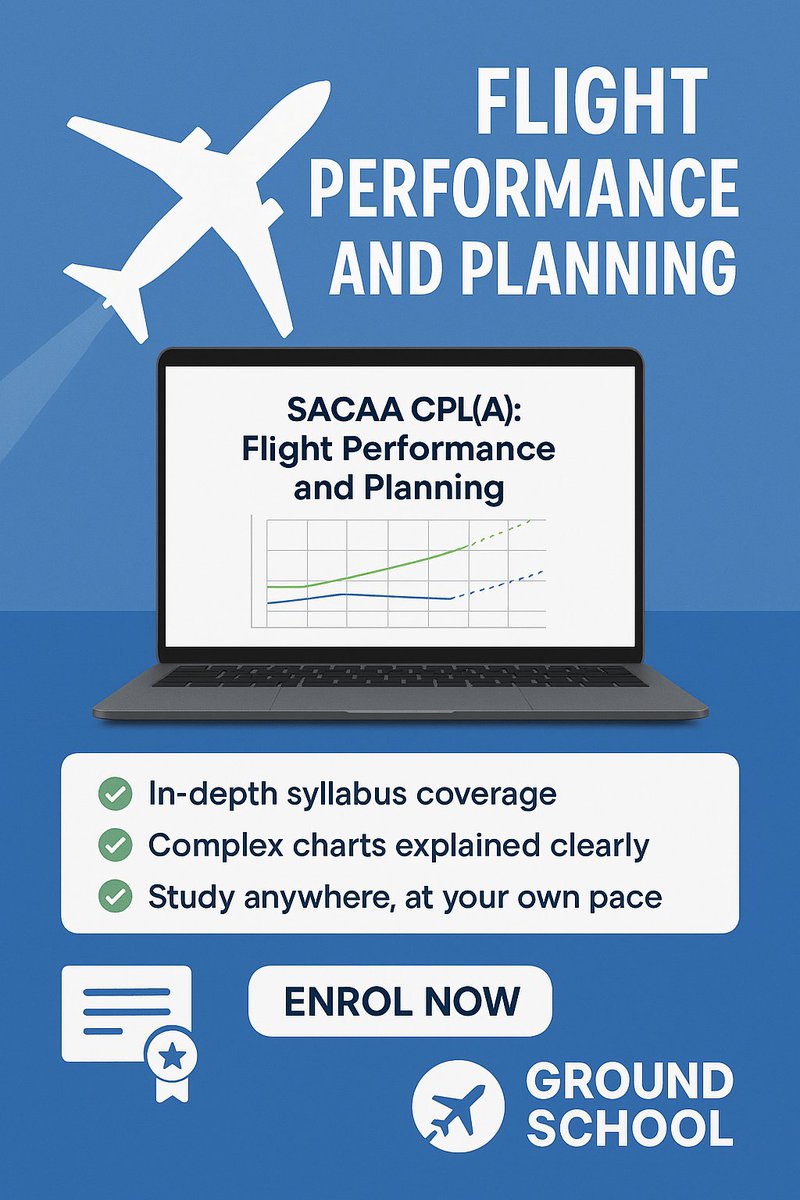 GroundSchoolAer's tweet photo. ✈️ New course just dropped! SACAA CPL(A): Flight Performance &amp; Planning is now live on https://t.co/OxR2IP7InP . Performance charts, fuel planning, mass &amp; balance — all covered. Enrol today  #SACAA #CPL #PilotTraining https://t.co/UmY4vHbntp