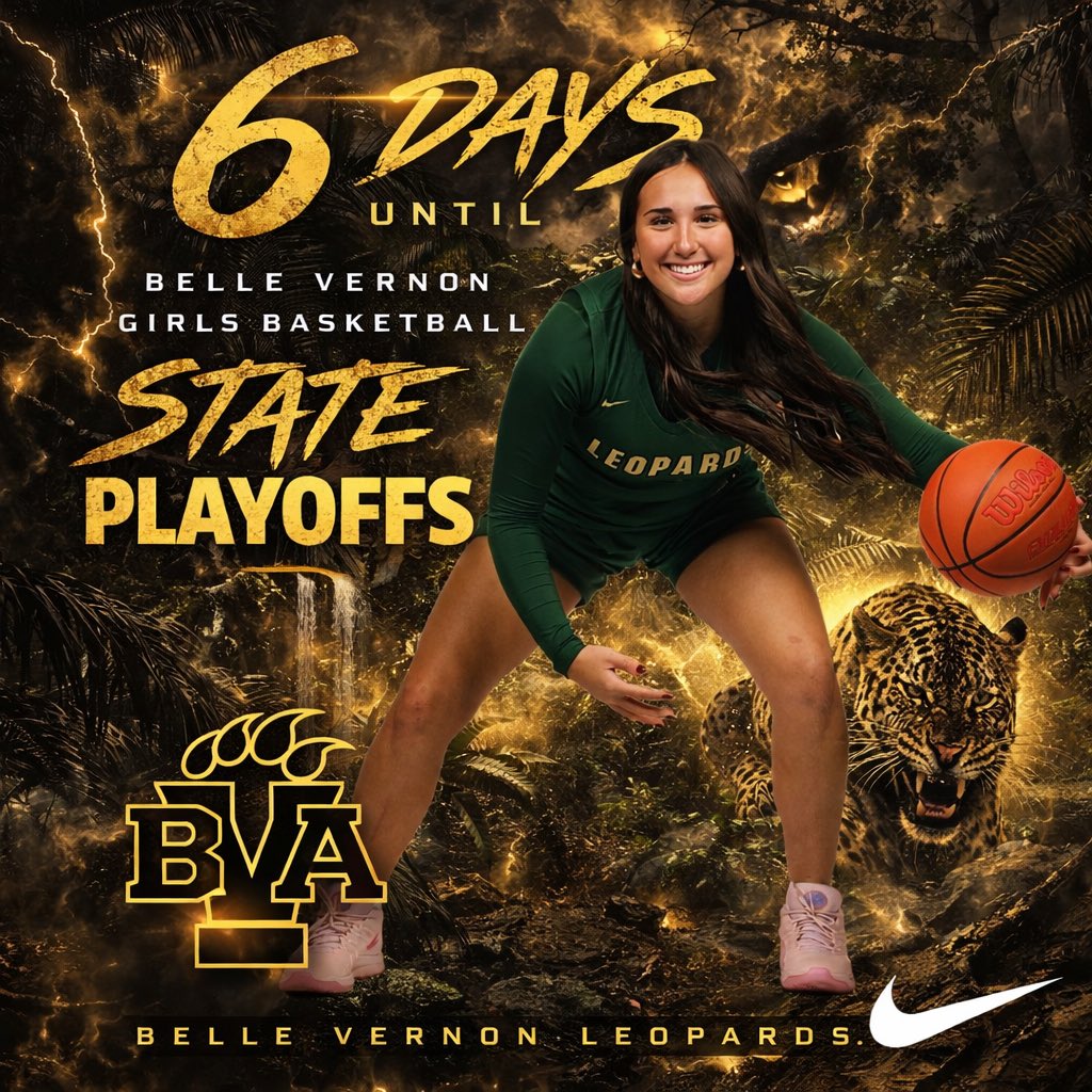 BVAbasketball's tweet photo. 🔥 6 DAYS. ONE MISSION.

The road to states runs through the jungle.
Belle Vernon Girls Basketball is locked in and ready to take what’s ours. 🐆🏀

The Jungle Doesn’t Give… It Takes.

#BelleVernon #BVALeopards #StatePlayoffs #TheJungle #ItTakes #RoadToStates https://t.co/6GE51Mzda5