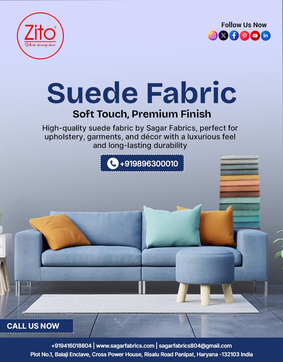 SagarFabrics's tweet photo. Soft. Stylish. Sophisticated.
Upgrade your furniture with premium suede fabric that feels as good as it looks.
Perfect for modern homes &amp; designer spaces.
📞 +91 9896300010
#SuedeLove #InteriorGoals #PremiumFabric https://t.co/jFLlInnLrv
