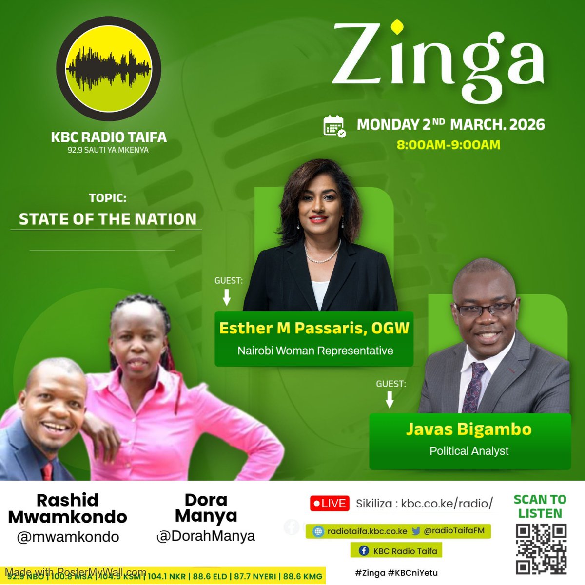 Join me together with Javas Bigambo on Zinga on KBC <a href="/RadioTaifaFM/">KBC Radio Taifa</a>, hosted by Rashid Mwamkondo and Dora Manya, as we dive into a candid discussion on the State of the Nation.