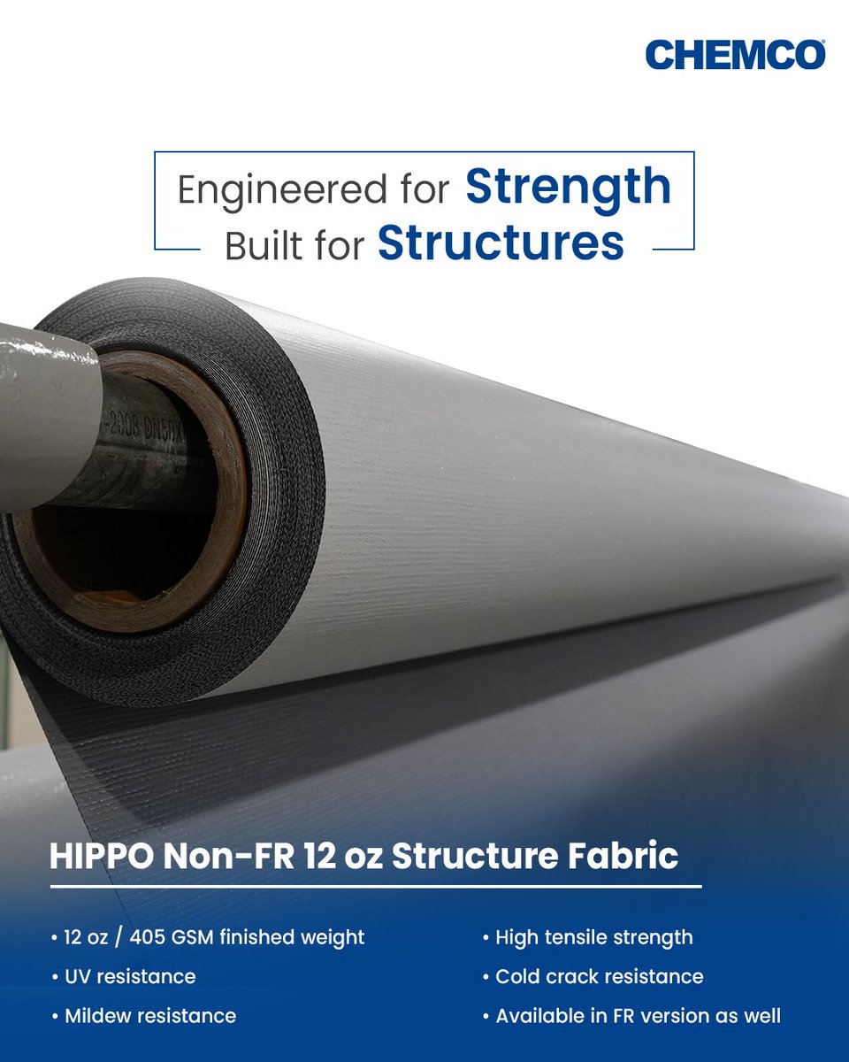 chemcogroup's tweet photo. HIPPO 12 oz Structure Fabric is designed for demanding structural applications. It delivers strong tensile performance while offering added protection against UV exposure, mildew, and cold-crack conditions. A flame-retardant option is also available for this product line.  

#CHEMCO #HIPPO #StructureFabric #IndustrialMaterials #BuiltForDurability #HDPE