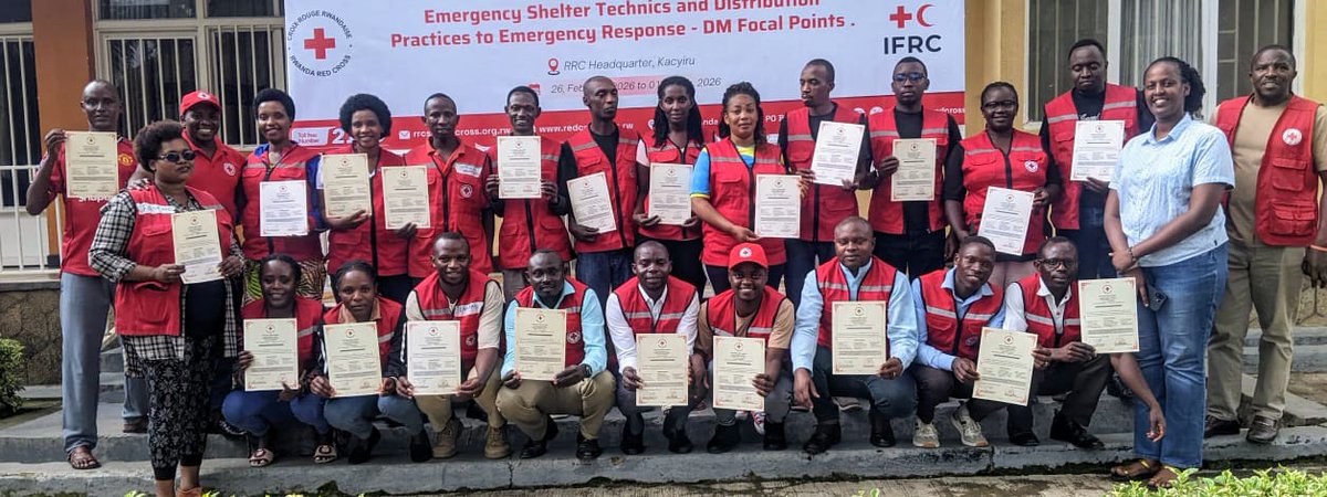 Rwandaredcross's tweet photo. From 26 Feb–1 March 2026, 30 DM Focal Points successfully completed a training supported by @ifrc through #DREF. They strengthened skills in shelter management, early warning, distribution practices, assessment, reporting &amp; response. https://t.co/vEgeMJPhrG