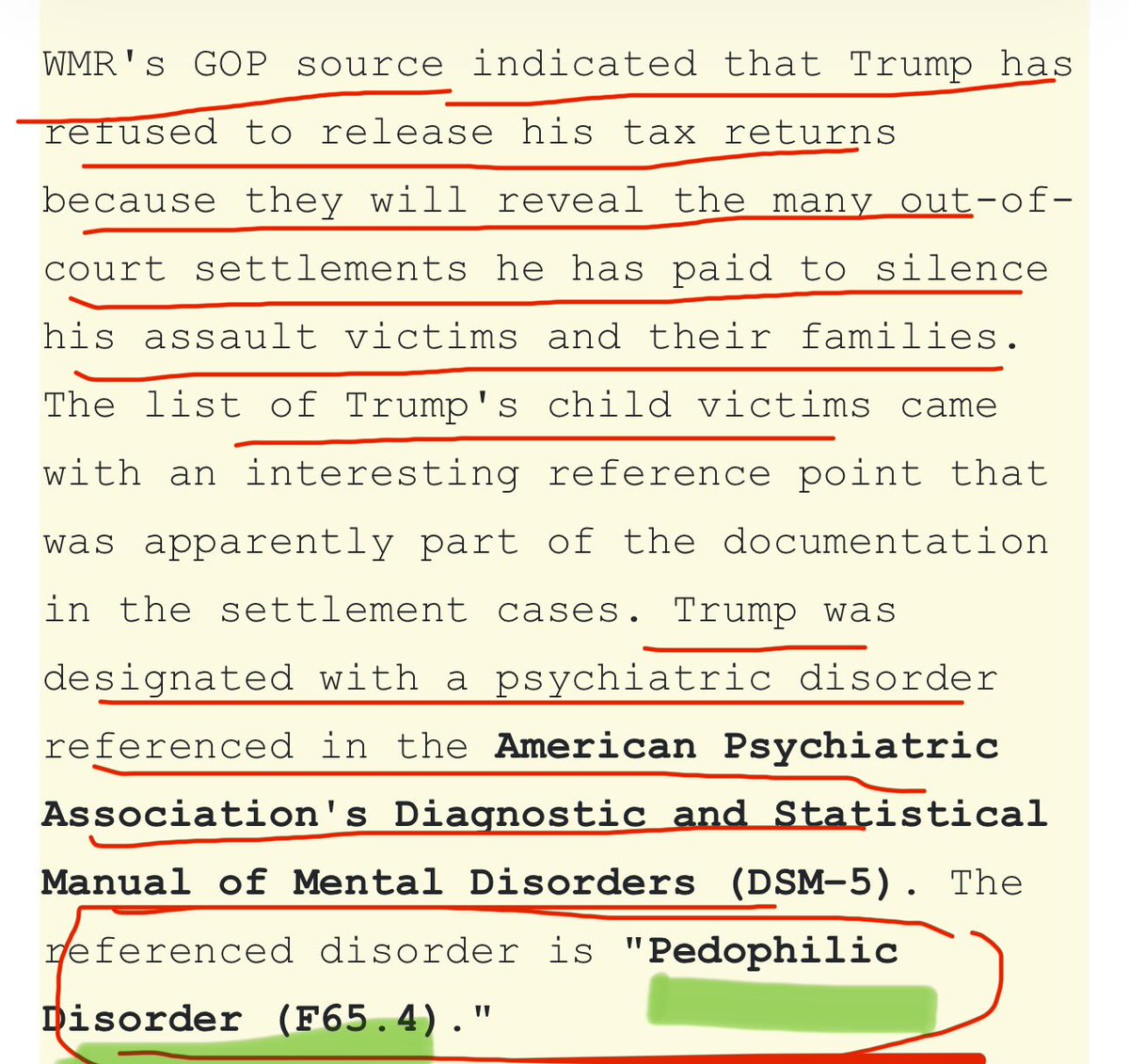 “Allegedly Trump was diagnosed with Pedophilic Disorder as part of the documentation in the settlement cases. <a href="/levparnas/">Lev Parnas</a>