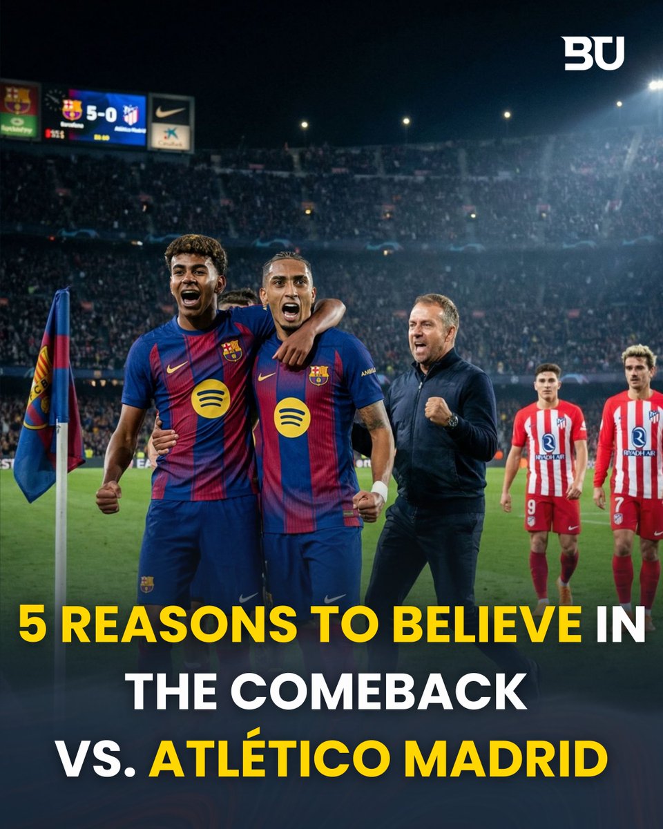 ❗️ 5 reasons to believe in the comeback vs. Atlético Madrid:

1 — Flick has positive record against Atleti

2 — Barça have scored 7 goals in their last 2 games

3 — Barça scored 4 goals within 55 minutes vs. Atleti last season

4 — Atlético Madrid have been inconsistent this