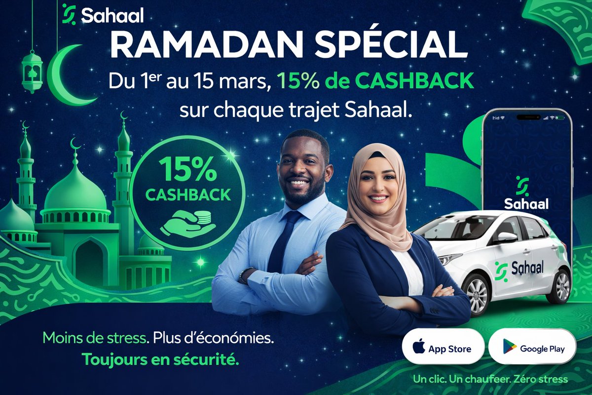 𝗗𝘂 1 𝗮𝘂 15 𝗺𝗮𝗿𝘀 𝘀𝗲𝘂𝗹𝗲𝗺𝗲𝗻𝘁.
Chaque trajet que vous faites.
vous récupérez 15% en cashback.
Ne perdez pas ce que vous pouvez récupérer.

Un clic. Un chauffeur. Zéro stress.
Telecharge: play.google.com/store/apps/det…...
Whatapp:
chat.whatsapp.com/IDpQHHd7OViLiE…