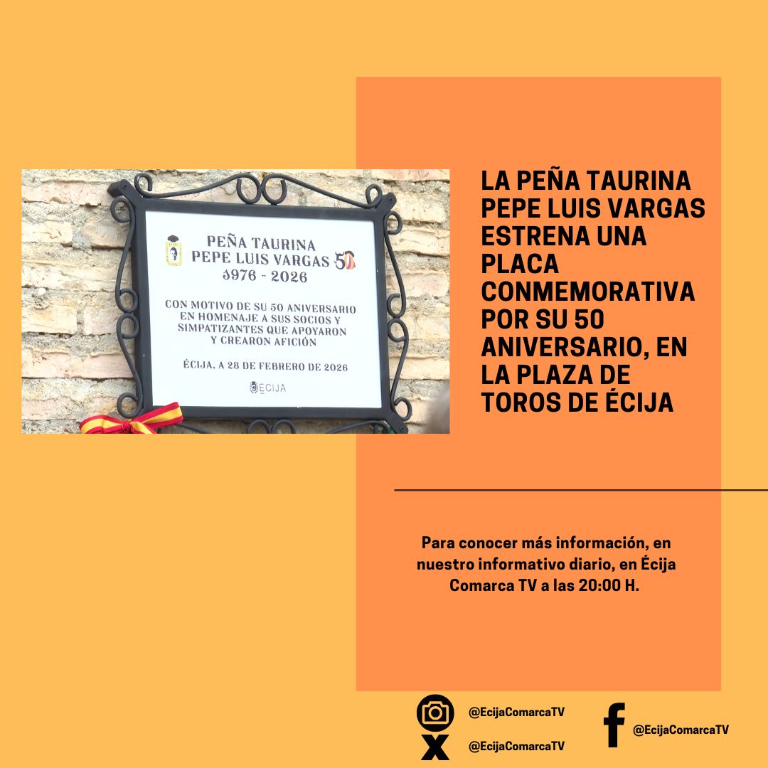 🐂 La Peña taurina Pepe Luis Vargas estrena una placa ,conmemorativa por su 50 aniversario, en la plaza de Toros de Écija

Más información y toda la actualidad de Écija, en nuestro informativo diario a partir de las 20 horas 

#Écija #Actualidad