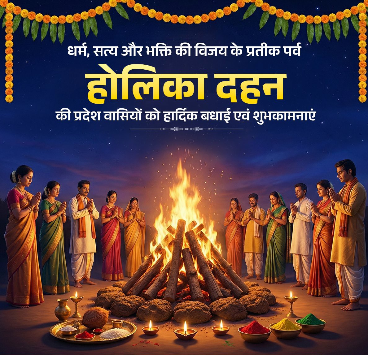 अधर्म पर धर्म, असत्य पर सत्य और अहंकार पर भक्ति की विजय के पावन प्रतीक पर्व होलिका दहन की प्रदेश वासियों को हार्दिक बधाई एवं शुभकामनाएं।

आइए, इस पुण्य अवसर पर हम सभी अपने जीवन से नकारात्मकता, द्वेष और कुविचारों का दहन कर प्रेम, सौहार्द और सद्भाव का प्रकाश फैलाने का संकल्प लें।