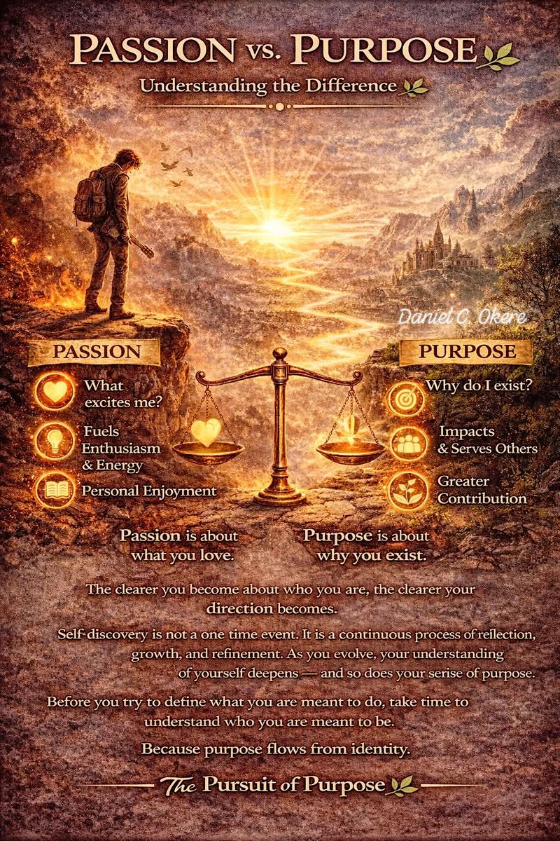 🌱 IN PURSUIT OF PURPOSE     
     PASSION vs. PURPOSE: Understanding the Difference 🌿
==============================
Many people confuse passion with purpose.
Passion is powerful. It is the excitement you feel toward something. It energizes you, motivates you, and makes you