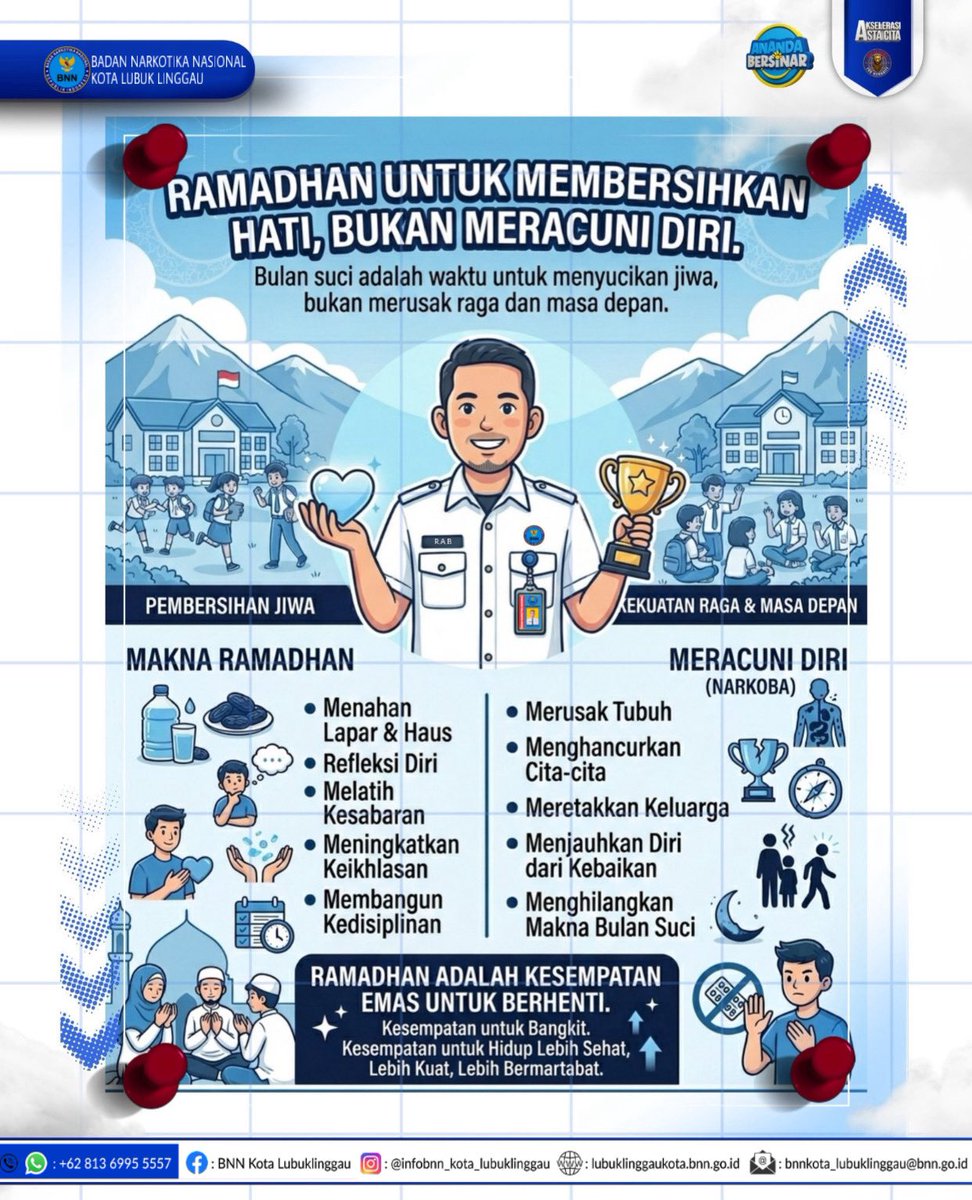 bnnlubuklinggau's tweet photo. RAMADHAN UNTUK MEMBERSIHKAN HATI,
BUKAN MERACUNI DIRI.*
Bulan suci adalah waktu untuk menyucikan jiwa, bukan merusak raga dan masa depan.
#WarOnDrugsForHumanity
#BNNRI
#LaporBNN
#CallCenter184
#indonesiabersinar https://t.co/KcQRz0Wcx6