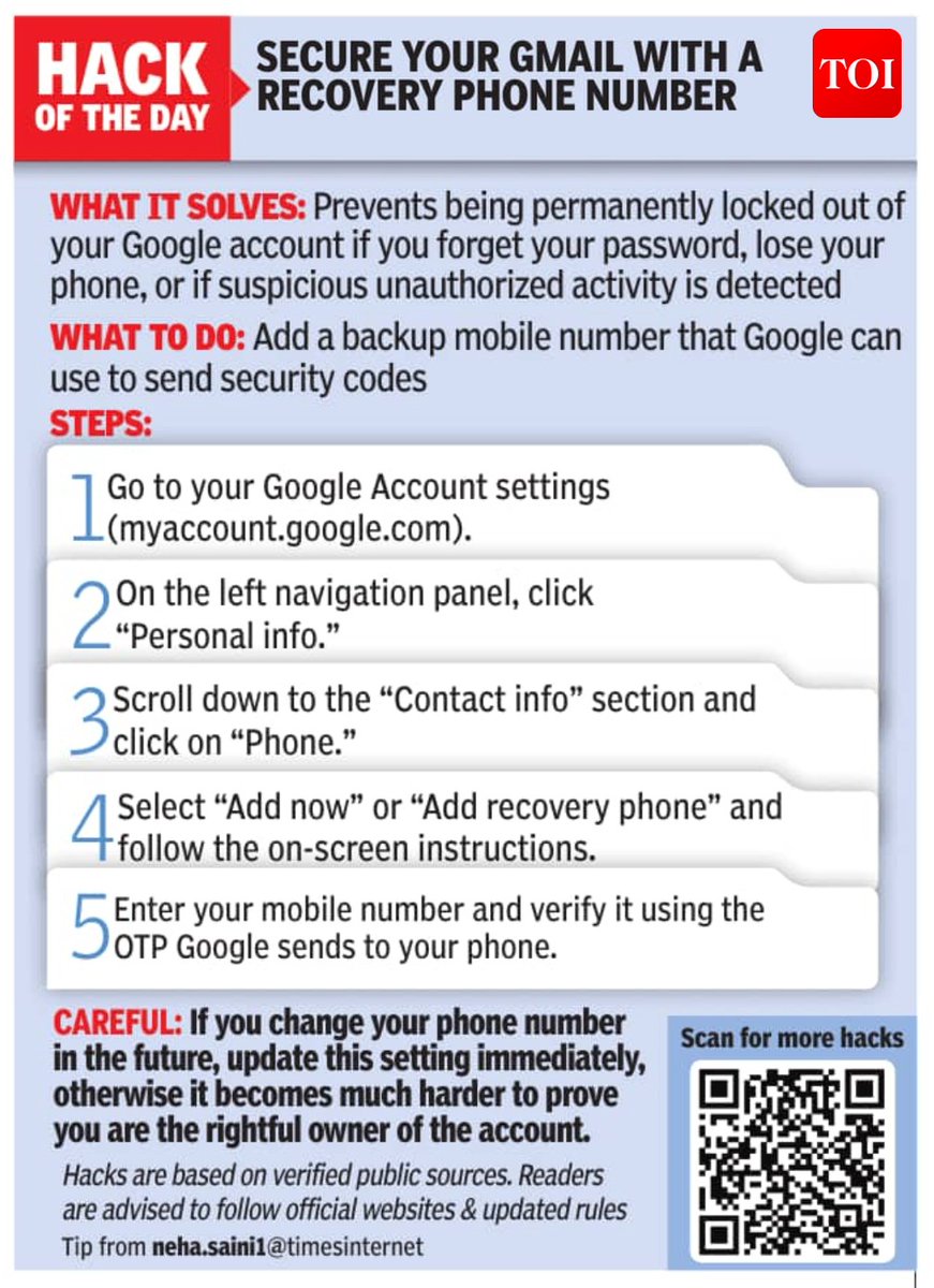 timesofindia's tweet image. 💡 Hack of the Day 💡

Secure your #gmail with a recovery phone number🔗toi.in/GpfWRZ21

The #TimesofIndia brings you '#HackoftheDay' — a new weekday series of quick, practical solutions to everyday hassles. Each hack is designed to save you time, money, or stress, using