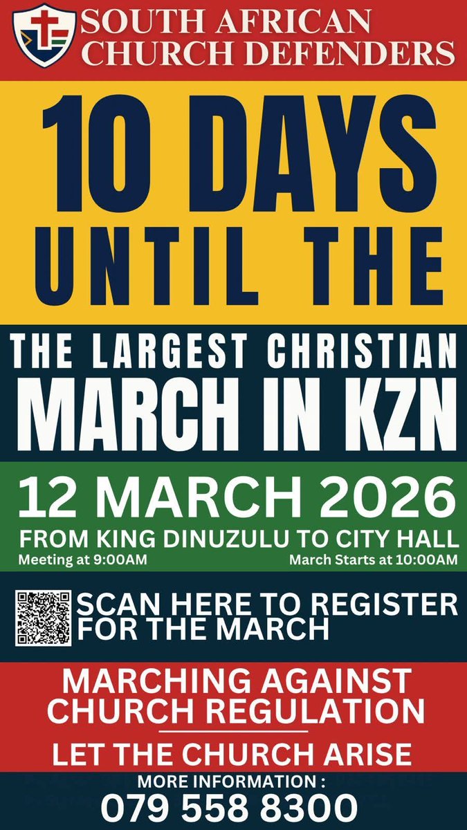 KZN, the countdown has begun.

In just 10 days, Christians from across the province will unite for what will be the largest Christian march in KZN.

📍 12 March 2026
Meeting at 9:00AM – King Dinuzulu
March starts at 10:00AM to City Hall

We are marching peacefully and boldly in