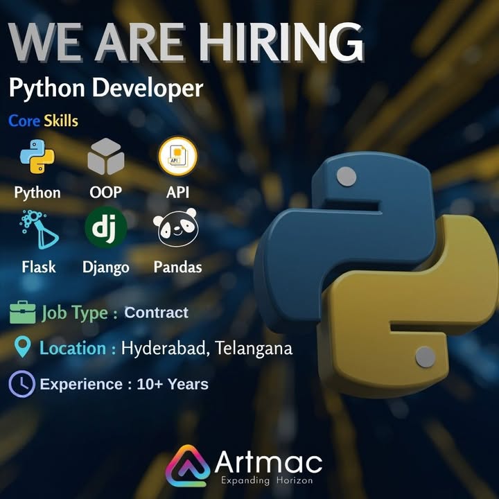 Artmacsoft's tweet photo. We are #Hiring for #India #Positions

#JobTitle : #Senior #Python #Developer

#Location : #Hyderabad, #Telangana

https://t.co/ItdoUjYJOf https://t.co/kBCDHAEppM