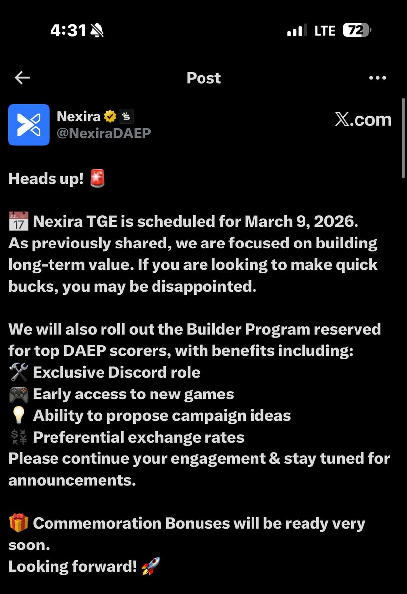 0xTozo's tweet photo. 🚨 Nexira TGE Confirmed – March 9, 2026! 🚀

📅 Nexira Token Generation Event (TGE) will go live on March 9, 2026

⚠️ Team clearly said: This is a long-term value project
If you’re looking for quick profit, you may be disappointed.

🏆 Builder Program (For Top DAEP Scorers): 🔹 Exclusive Discord Role
🎮 Early Access to New Games
💡 Ability to Propose Campaign Ideas
💱 Preferential Exchange Rates

🎁 Commemoration Bonuses coming very soon!

💬 So keep grinding DAEP score & stay active.

🔗 Nexira Reward Link: https://t.co/TIP0IP7HQs

📢 Join for the next updates: https://t.co/o6GkvgzAUM⁠�

#Nexira #TGE #Airdrop #Crypto #Web3 🚀