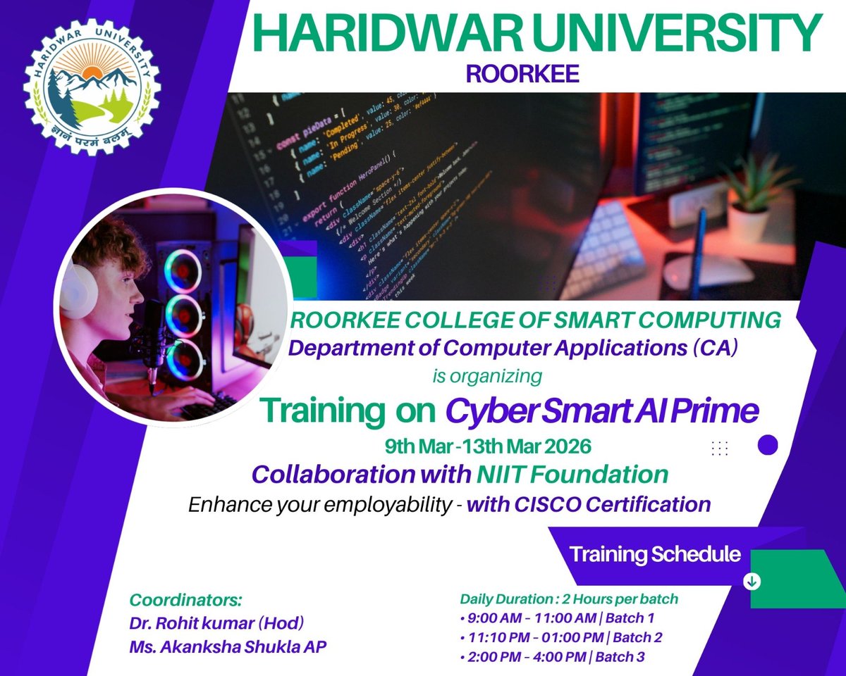 HURoorkee's tweet photo. Exciting Opportunity Alert

Haridwar University, Roorkee | Roorkee College of Smart Computing
Department of Computer Applications (CA)
We're thrilled to announce a 5-Day Training Program on
#CyberSmartAIPrime #HaridwarUniversity #NIITFoundation #CISCOCertification #AITraining https://t.co/X5SrjniEQN