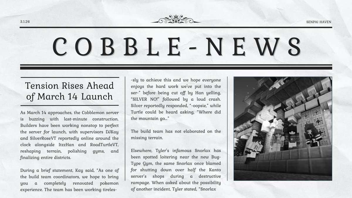 ZavvyGamer's tweet photo. I've got a community cobblemon server launching and i think we cooked with our pre-launch newspaper :3 https://t.co/0KX4hRIoQr