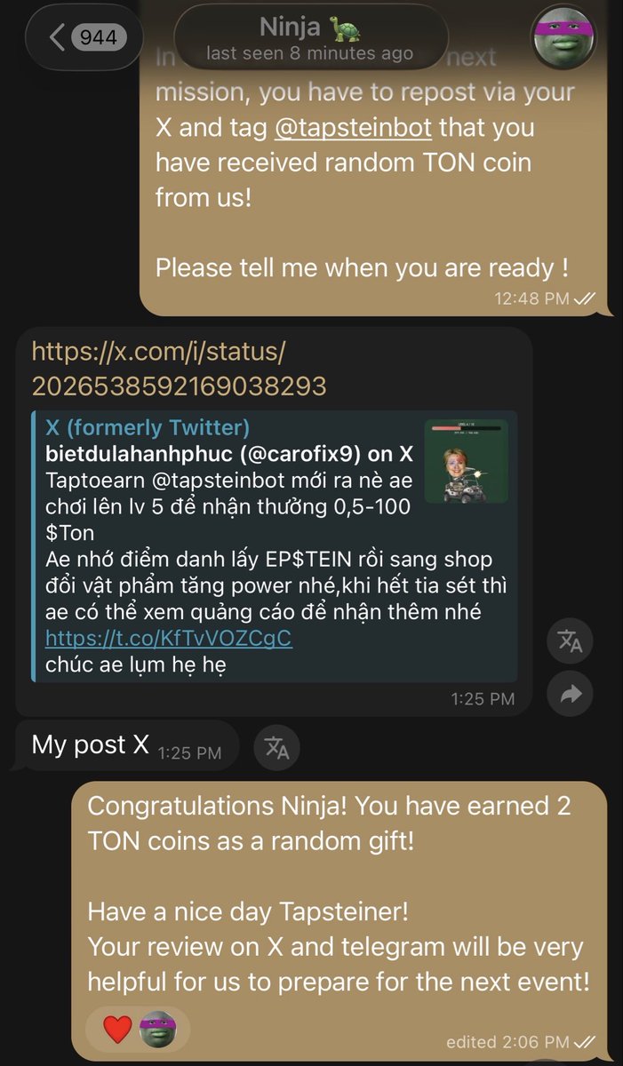 tapsteinbot's tweet photo. @carofix9 Congratulations Tapsteiner! You are the first user who received TON coin on March! 
Stay tuned for the next event! https://t.co/5N2bFV9qWK