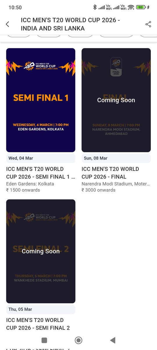 alur_bhavesh's tweet photo. @BCCI @bookmyshow @ICC
The Tickets for Semi- Final 2 and Final. Shows coming soon but there is no Date mentioned?
How are we supposed to know when will it open ? What is the target here ?

#IndvsEng #SemiFinal2 #T20WorldCup2026 https://t.co/Bybt6fbavS