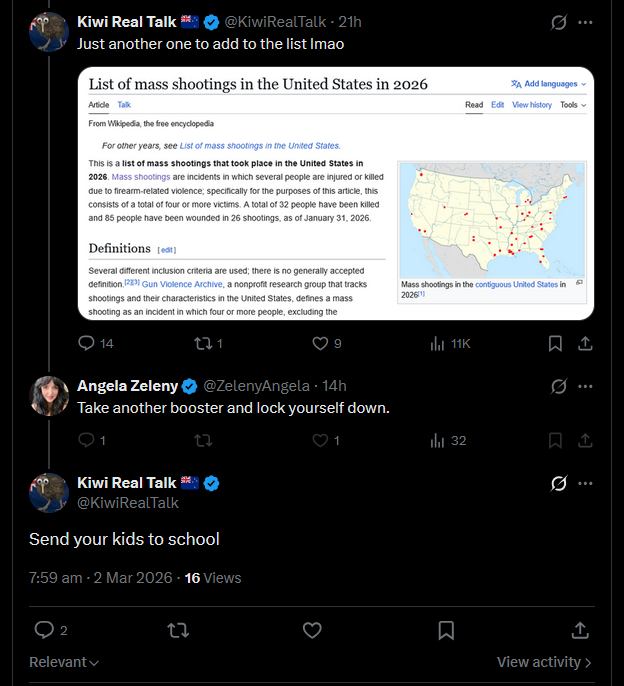 I actually love how angry some Americans get when you make fun of their daily mass shootings.

And then they try to retaliate by talking about how we don't have FREEDOM because we were in lockdown.

I guess those 358 people that died this year are lucky that they have FREEDOM