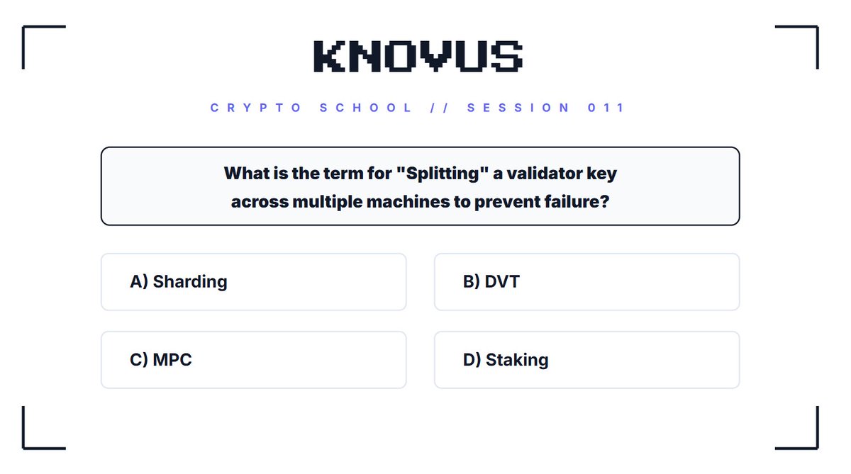 Knovus Crypto School // Session 011

Hint:

Zero single points of failure.

To ensure maximum reliability, a node's operational power is shared across a cluster of independent machines. If one goes down, the network stays up.

The question is now live on the Knovus platform.